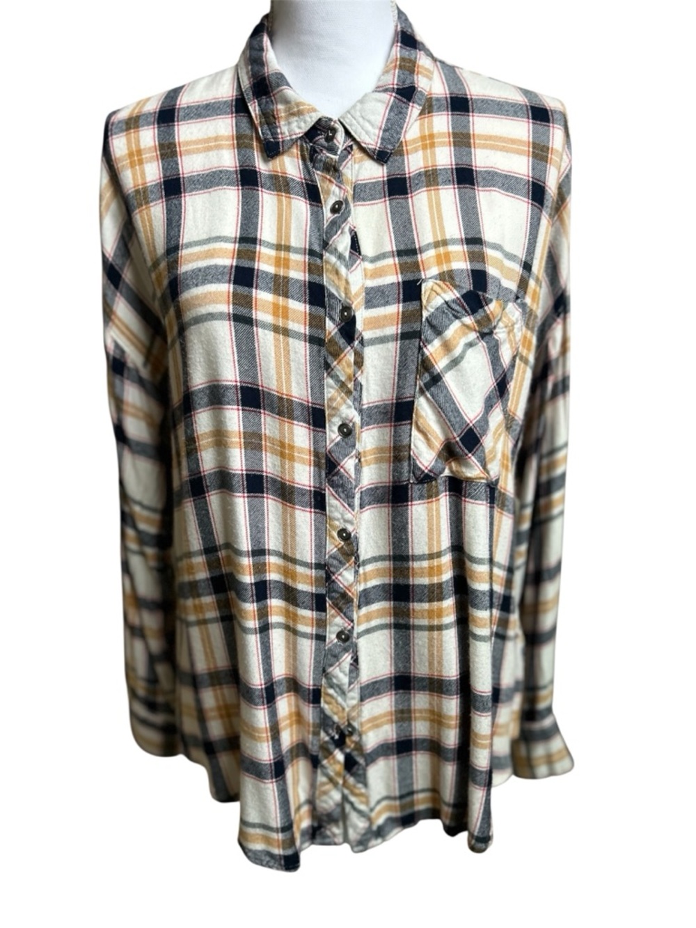 Women's Plaid Button-Up Flannel Shirt - Cream & Mustard & Navy